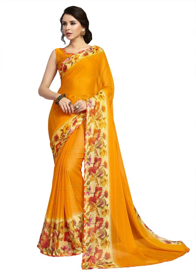 Mustard printed chiffon saree with blouse