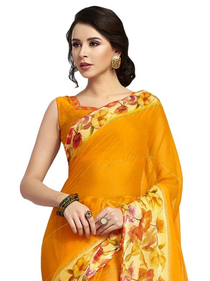Women's Cotton Mustard Printed Designer Saree With Blouse Piece