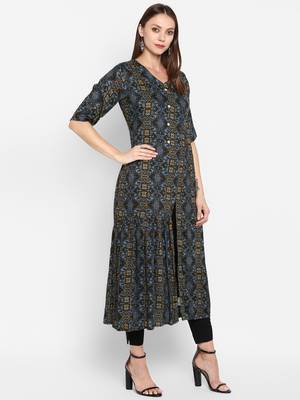 Womens Multicolored Rayon Printed Anarkali Kurta 2