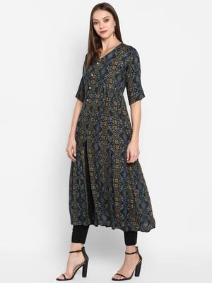 Womens Multicolored Rayon Printed Anarkali Kurta 3