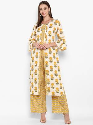 Womens Yellow Cotton Printed Straight Kurta 1