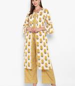Womens Yellow Cotton Printed Straight Kurta