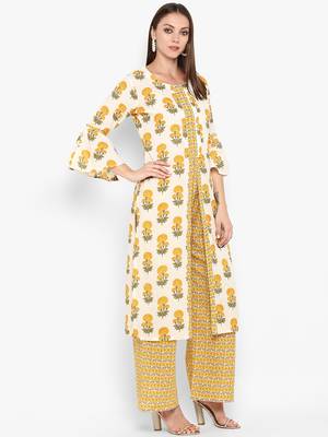 Womens Yellow Cotton Printed Straight Kurta 2