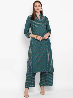 Womens Green Cotton Printed Straight Kurta 1