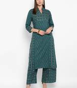 Womens Green Cotton Printed Straight Kurta