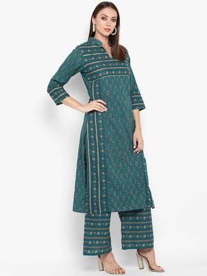 Womens Green Cotton Printed Straight Kurta 2