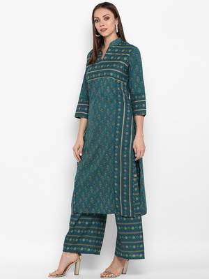 Womens Green Cotton Printed Straight Kurta 3
