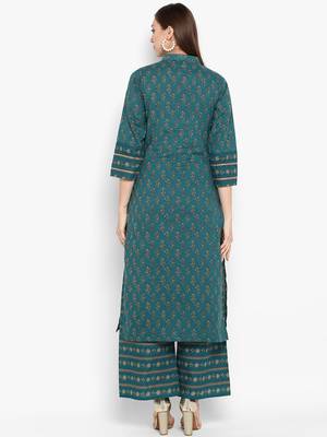 Womens Green Cotton Printed Straight Kurta 4