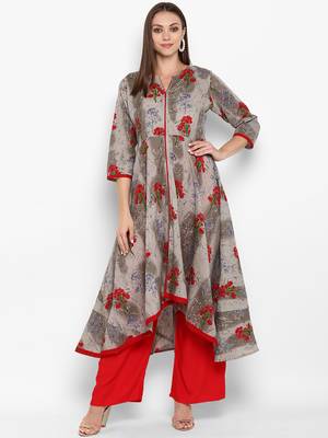 Womens Grey Cotton Printed A-Line Kurta 1