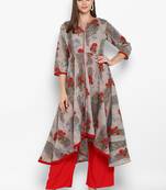 Womens Grey Cotton Printed A-Line Kurta