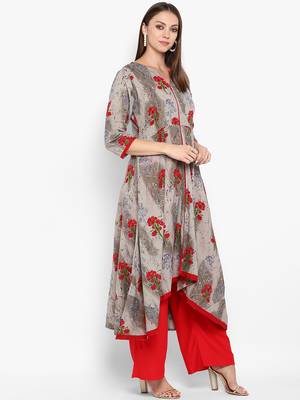 Womens Grey Cotton Printed A-Line Kurta 2