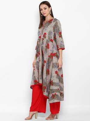 Womens Grey Cotton Printed A-Line Kurta 3