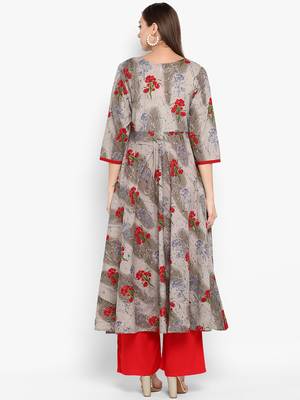 Womens Grey Cotton Printed A-Line Kurta 4