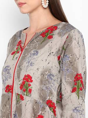 Womens Grey Cotton Printed A-Line Kurta 5