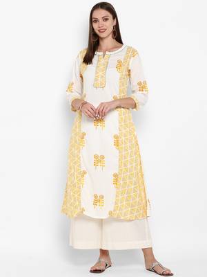 Womens White and Yellow Cotton Printed A-line Kurta 1