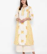 Womens White and Yellow Cotton Printed A-line Kurta
