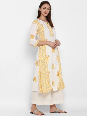 Womens White and Yellow Cotton Printed A-line Kurta 2