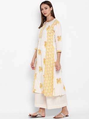 Womens White and Yellow Cotton Printed A-line Kurta 3
