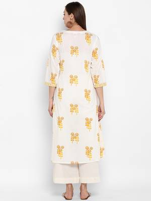 Womens White and Yellow Cotton Printed A-line Kurta 4