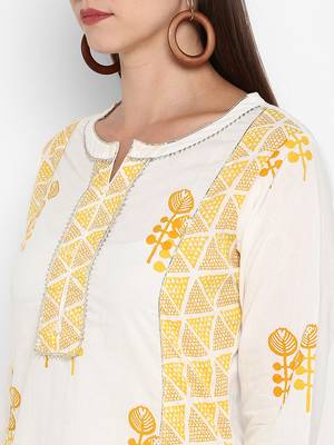 Womens White and Yellow Cotton Printed A-line Kurta 5