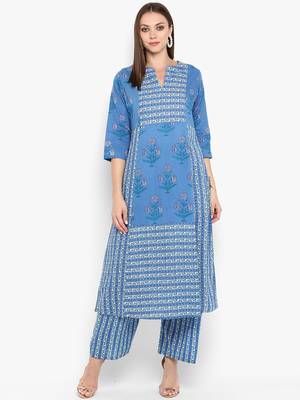 Womens Blue Cotton Printed Anarkali Kurta 1