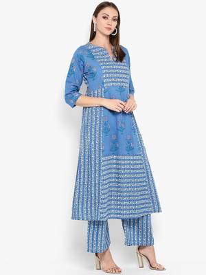 Womens Blue Cotton Printed Anarkali Kurta 2