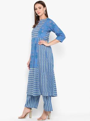 Womens Blue Cotton Printed Anarkali Kurta 3