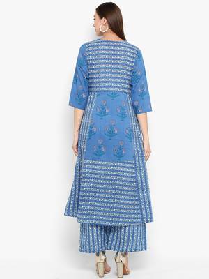 Womens Blue Cotton Printed Anarkali Kurta 4
