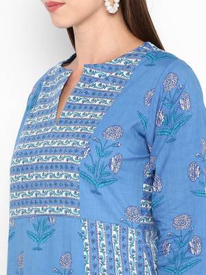 Womens Blue Cotton Printed Anarkali Kurta 5