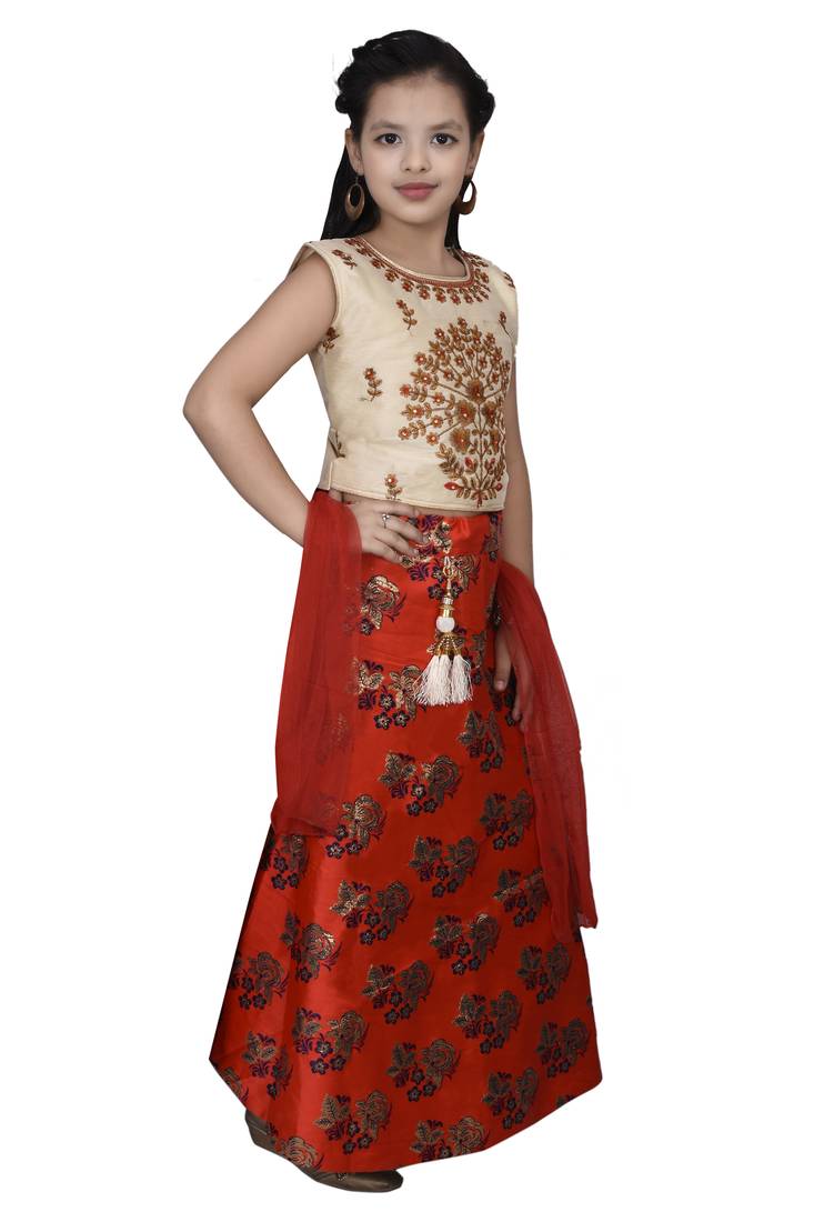 Red Floral Brocade Lehenga With Cream Embroidered Choli And Red Net Dupatta