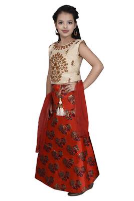 Red Floral Brocade Lehenga With Cream Embroidered Choli And Red Net Dupatta 3