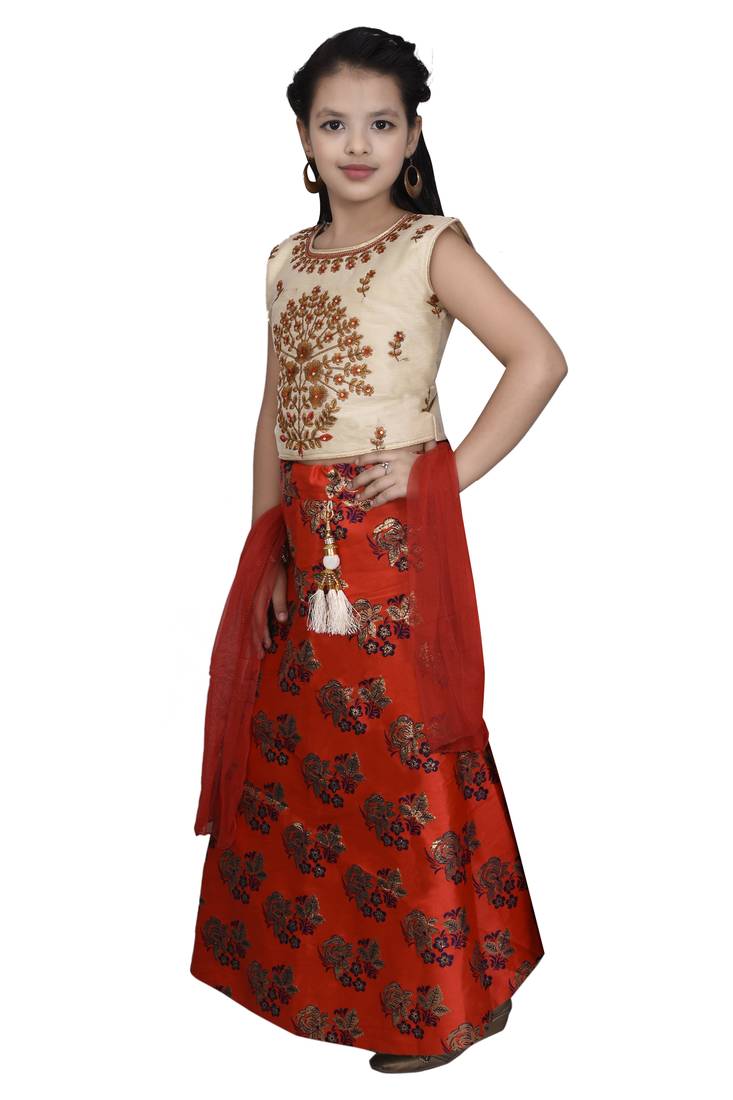 Red Floral Brocade Lehenga With Cream Embroidered Choli And Red Net Dupatta