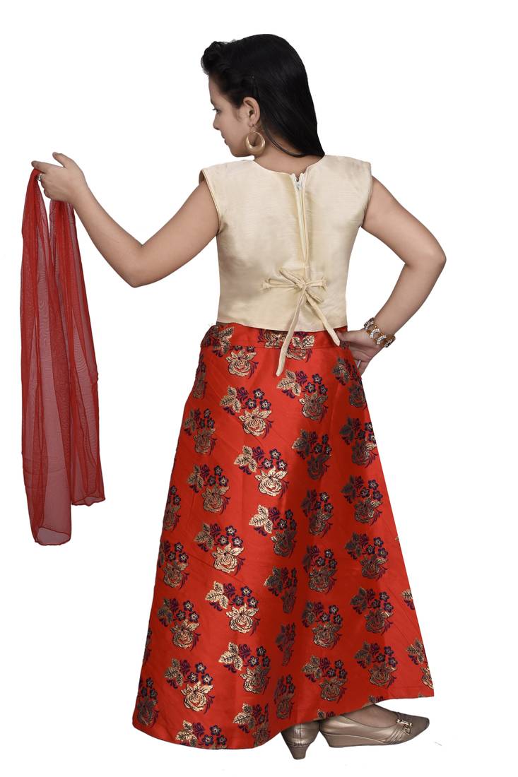 Red Floral Brocade Lehenga With Cream Embroidered Choli And Red Net Dupatta