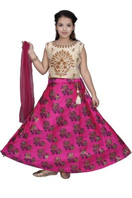 Magenta Pink Floral Brocade Lehenga With Cream Embroidered Choli And Pink Net Dupatta 1
