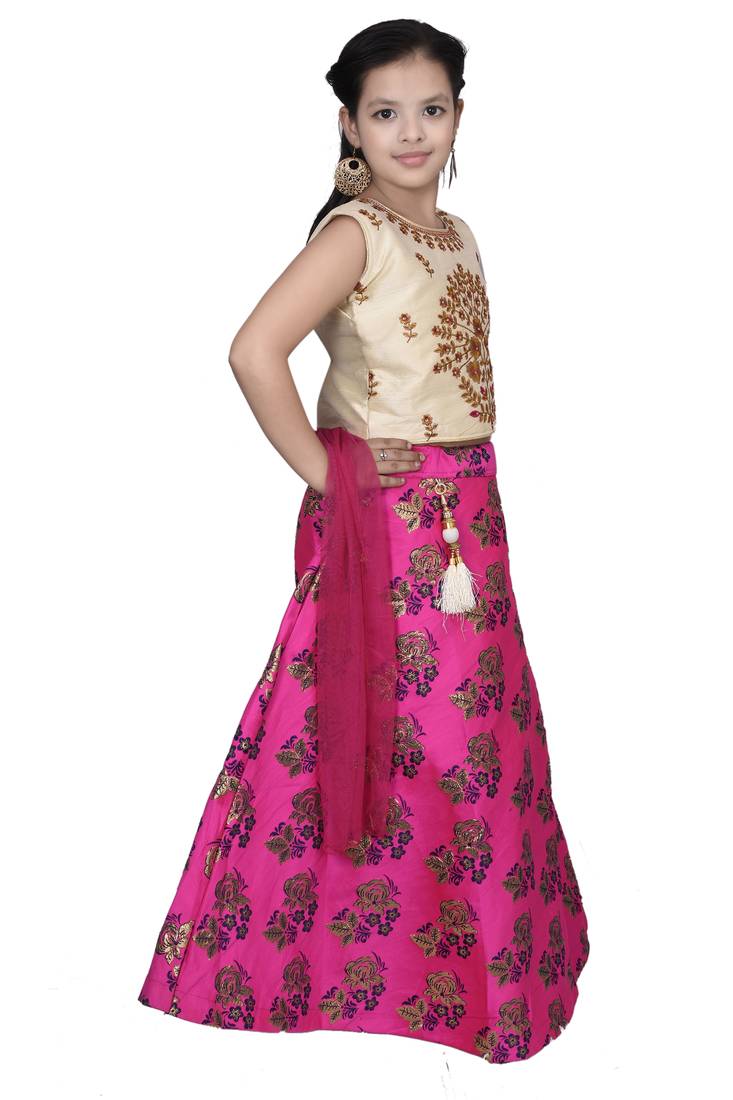 Magenta Pink Floral Brocade Lehenga With Cream Embroidered Choli And Pink Net Dupatta