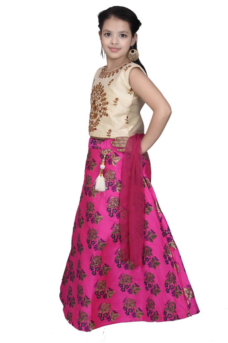 Magenta Pink Floral Brocade Lehenga With Cream Embroidered Choli And Pink Net Dupatta
