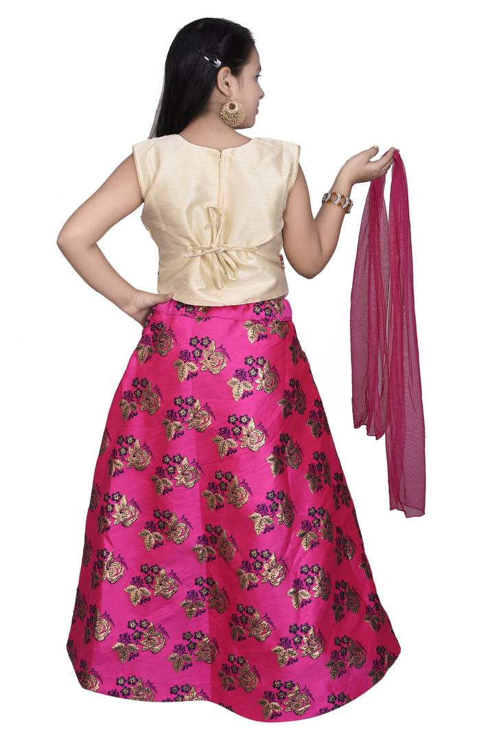 Magenta Pink Floral Brocade Lehenga With Cream Embroidered Choli And Pink Net Dupatta