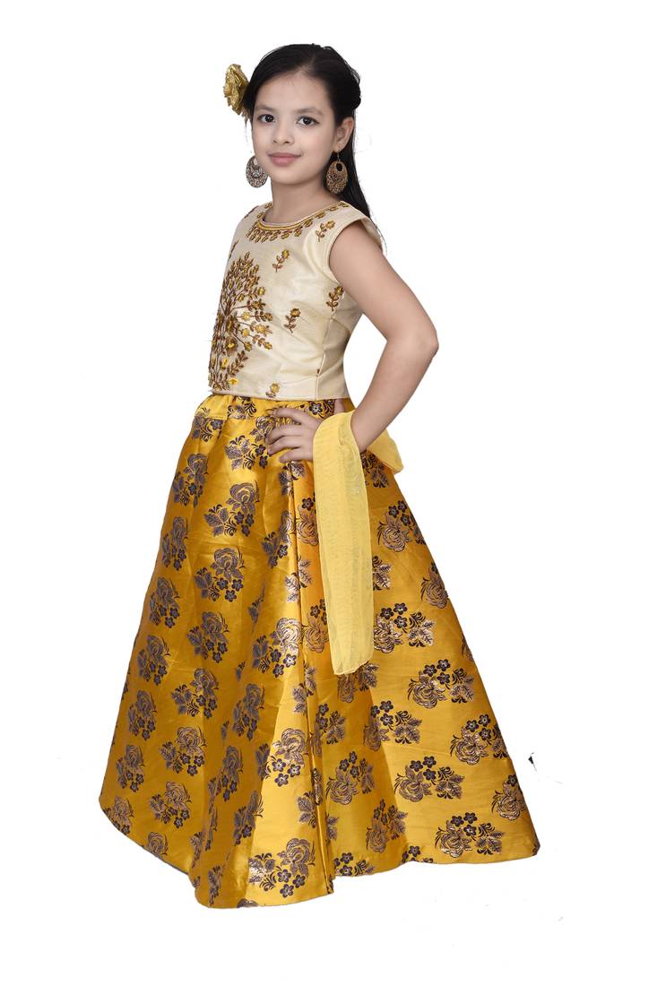 Yellow Floral Brocade Lehenga With Cream Embroidered Choli And Yellow Net Dupatta