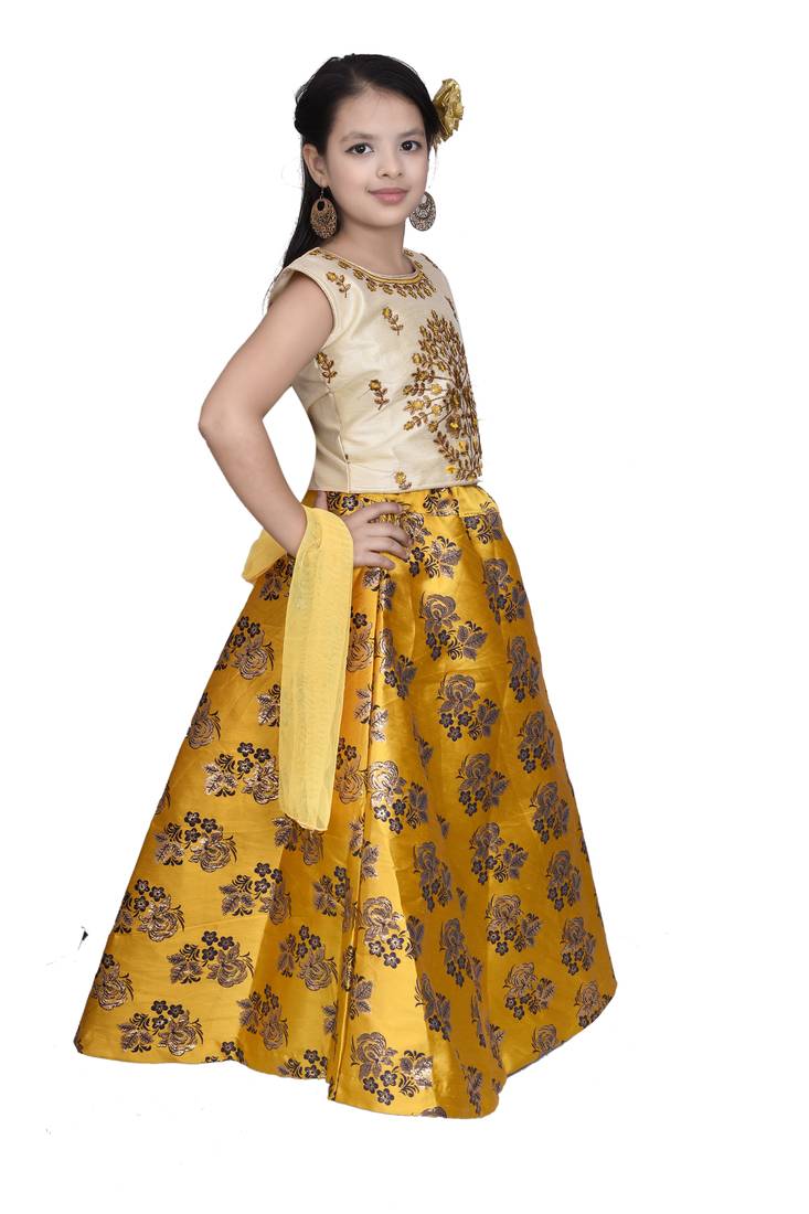 Yellow Floral Brocade Lehenga With Cream Embroidered Choli And Yellow Net Dupatta