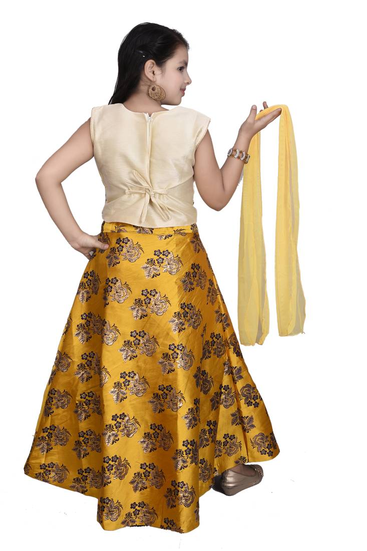 Yellow Floral Brocade Lehenga With Cream Embroidered Choli And Yellow Net Dupatta