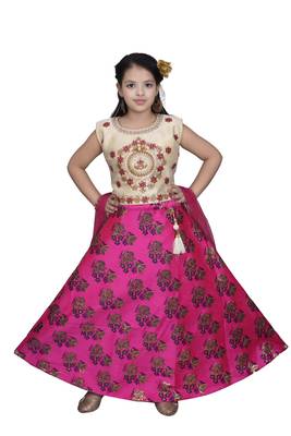 Magenta Pink Floral Brocade Lehenga With Cream Embroidered Choli And Pink Net Dupatta 1