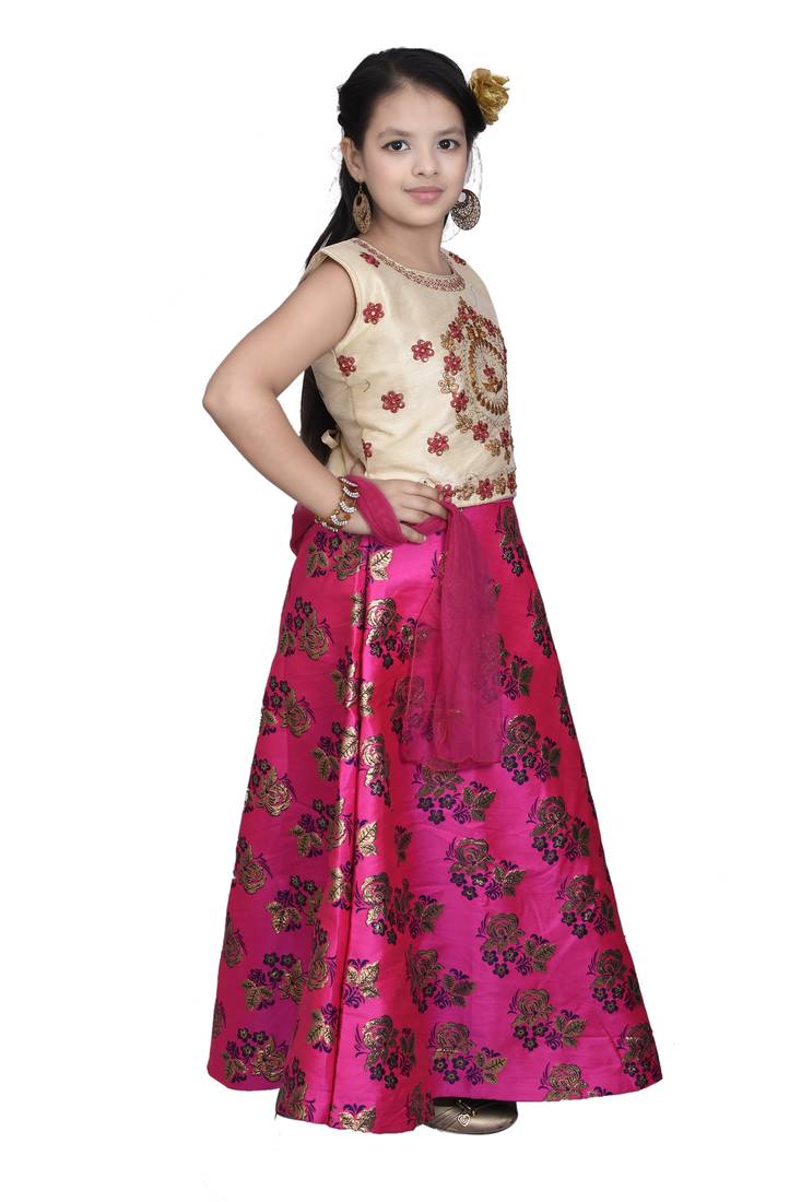 Magenta Pink Floral Brocade Lehenga With Cream Embroidered Choli And Pink Net Dupatta