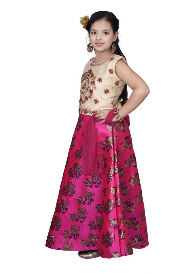 Magenta Pink Floral Brocade Lehenga With Cream Embroidered Choli And Pink Net Dupatta