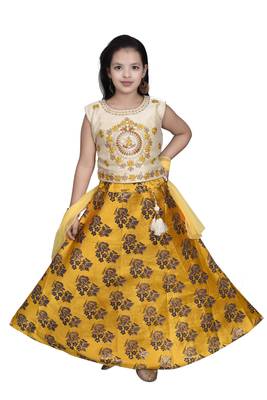 Yellow Floral Brocade Lehenga With Cream Embroidered Choli And Yellow Net Dupatta 1