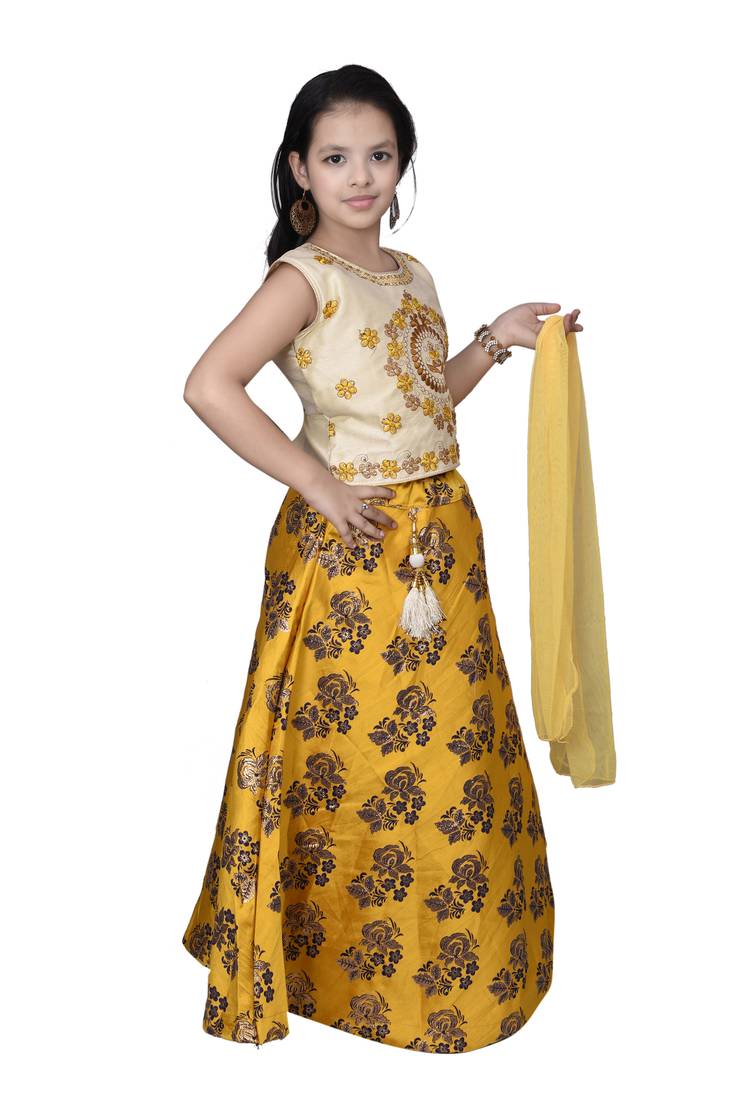Yellow Floral Brocade Lehenga With Cream Embroidered Choli And Yellow Net Dupatta
