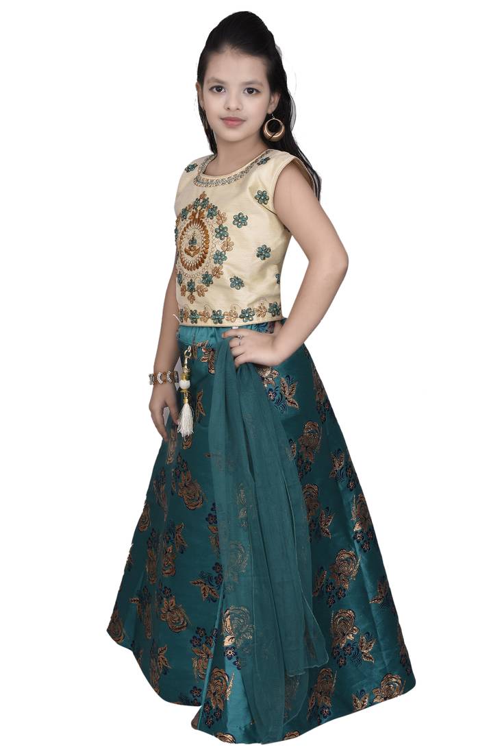 Sea Green Floral Brocade Lehenga With Cream Embroidered Choli And Sea Green Net Dupatta