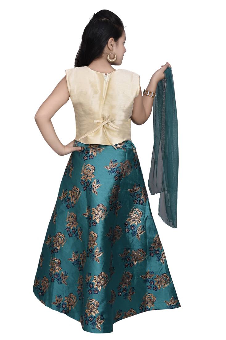 Sea Green Floral Brocade Lehenga With Cream Embroidered Choli And Sea Green Net Dupatta