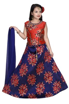 Red Floral Brocade Lehenga With Blue  Choli And Net Dupatta 1