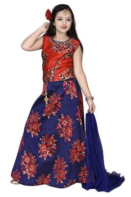 Red Floral Brocade Lehenga With Blue  Choli And Net Dupatta 2
