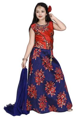 Red Floral Brocade Lehenga With Blue  Choli And Net Dupatta 3